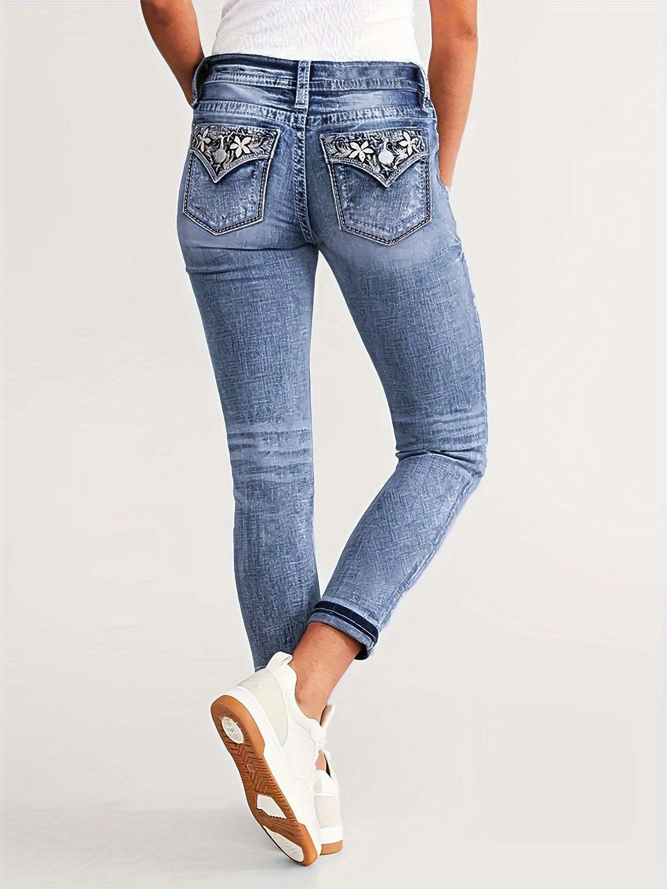 Embroidered washable fashion high-waisted skinny-fit stretchable women's comfortable fabric jeans