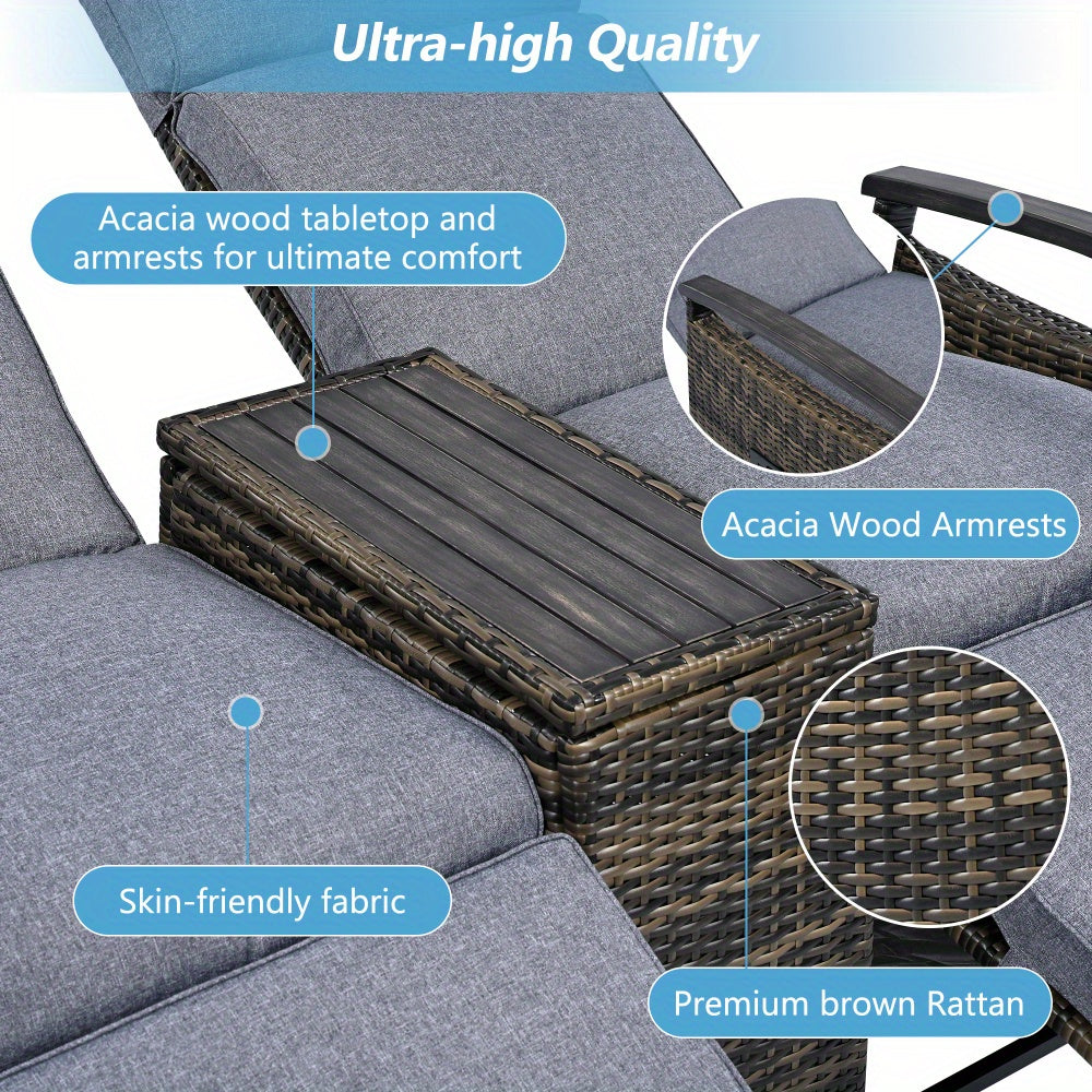 Patio Recliner Loveseat Chair with Storage Table Gray