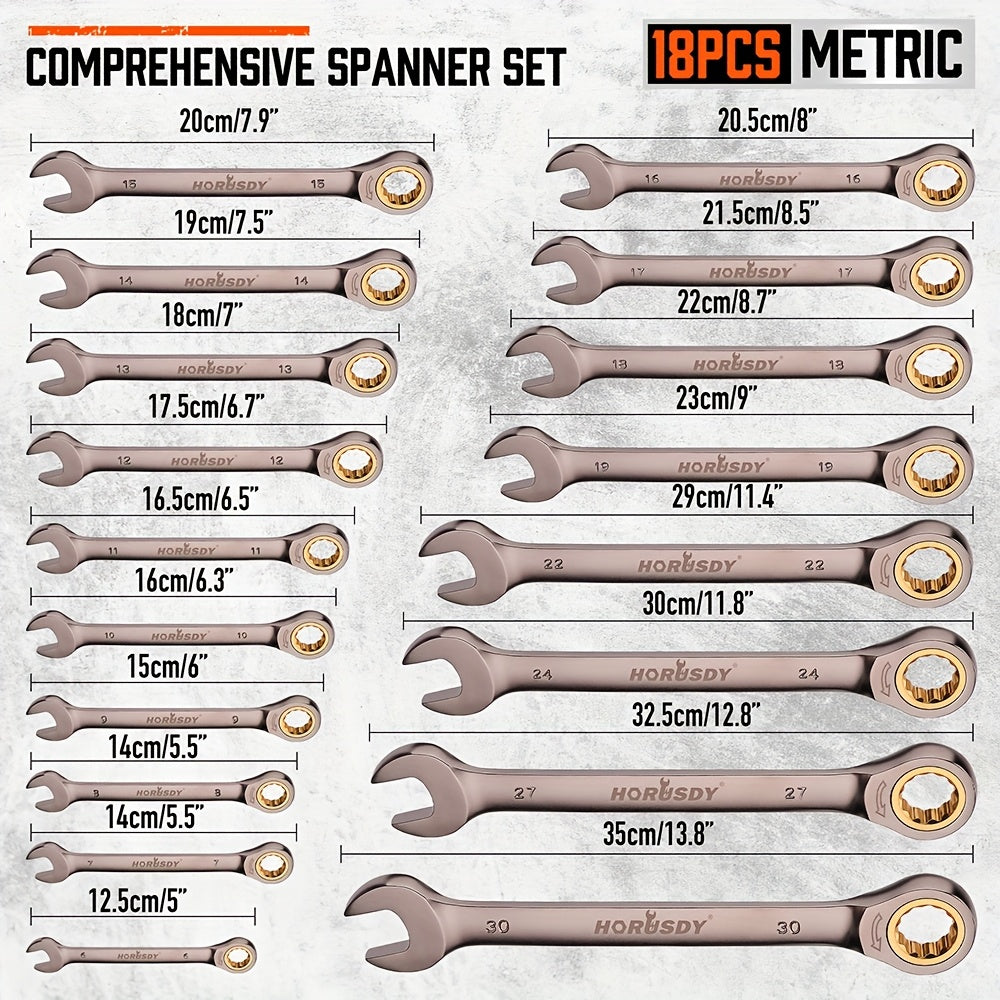 Horusdy 18pcs Ratchet Wrench Set Metric Spanners