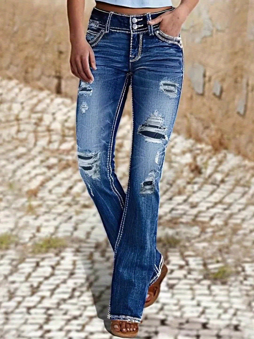 Stylish Ripped Jeans Light Blue Women's Distressed Denim