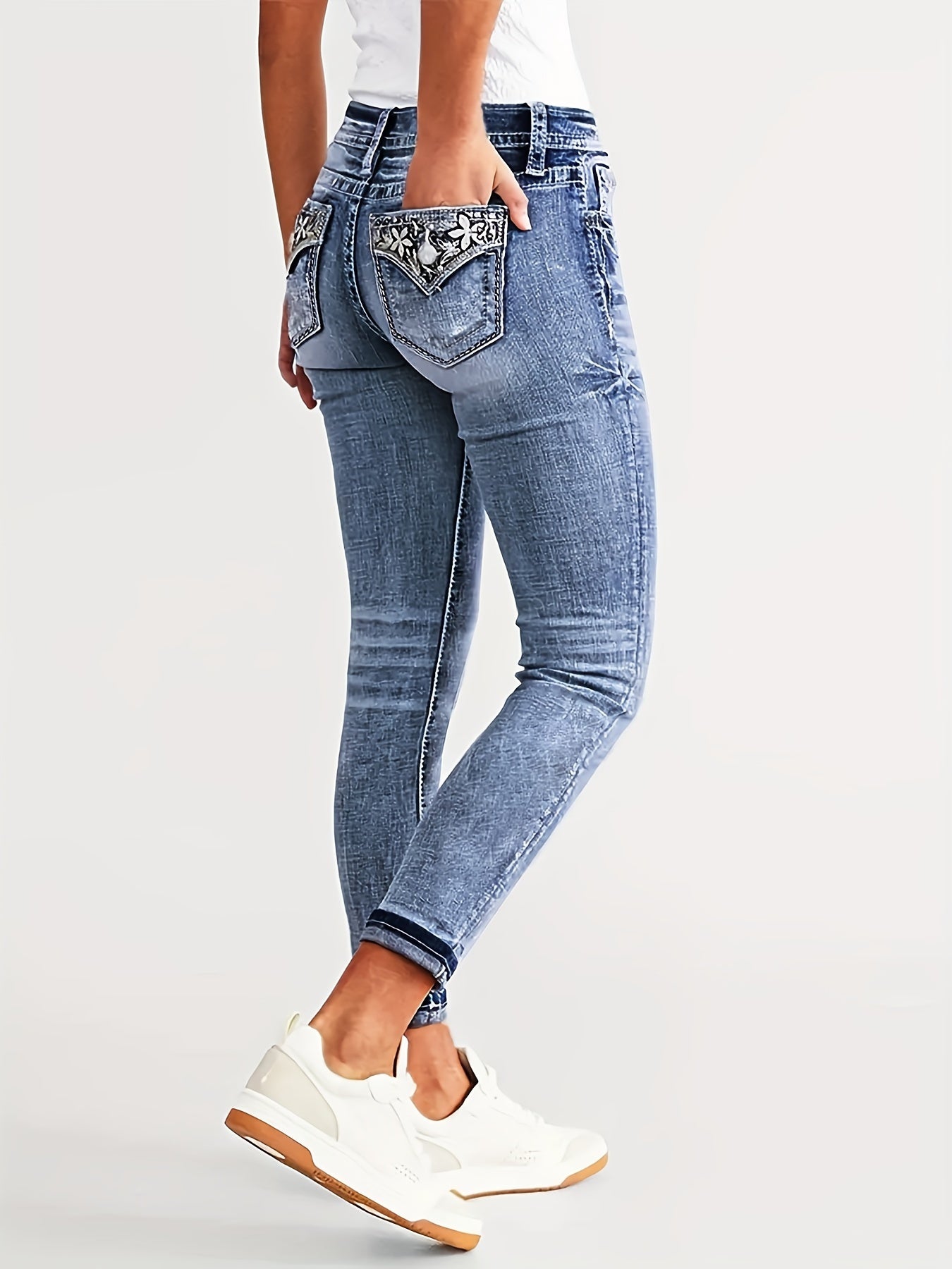 Embroidered washable fashion high-waisted skinny-fit stretchable women's comfortable fabric jeans