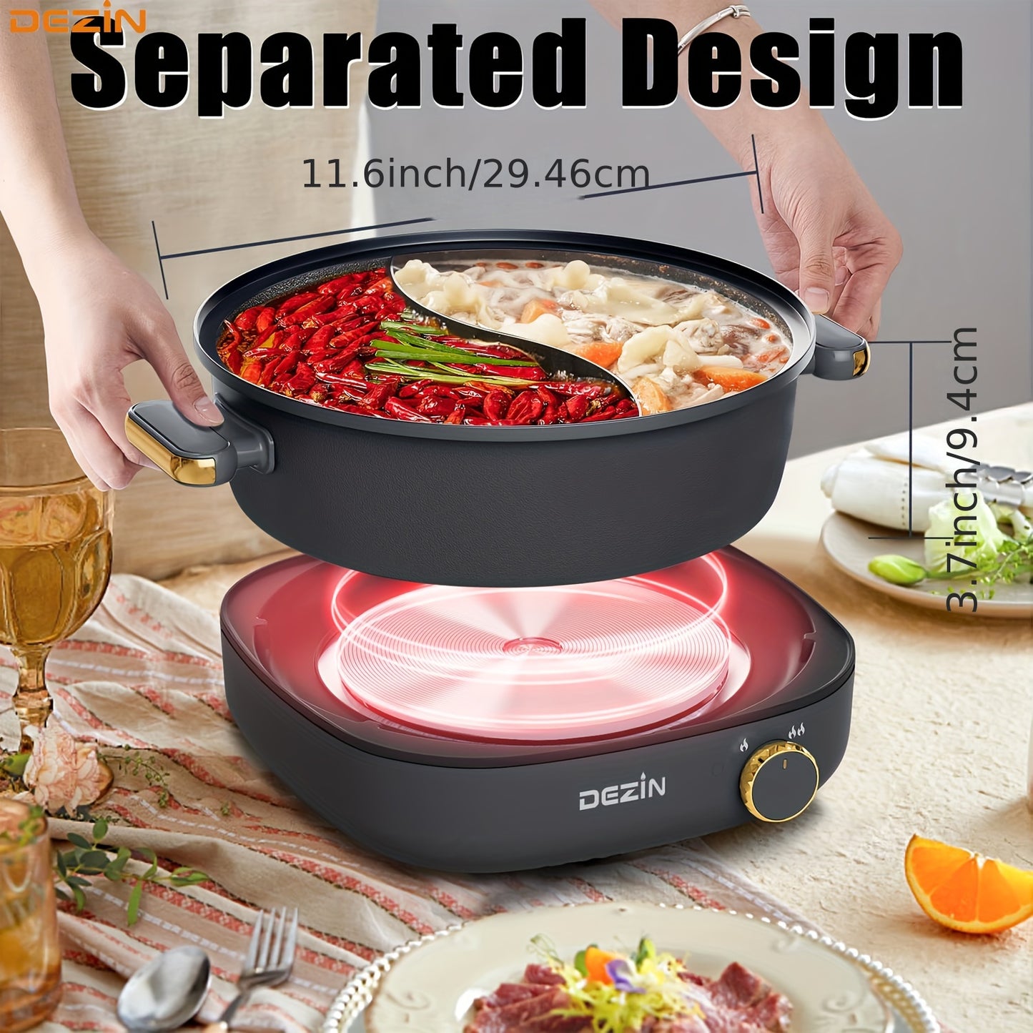 DEZIN Hot Pot Electric with Divider, 4L Electric Shabu Shabu with Dual-Flavor Pot, 3.7" Depth Nonstick Dual Side Electric Pot with Multi-Power Control for Party, Family and Friend Gathering