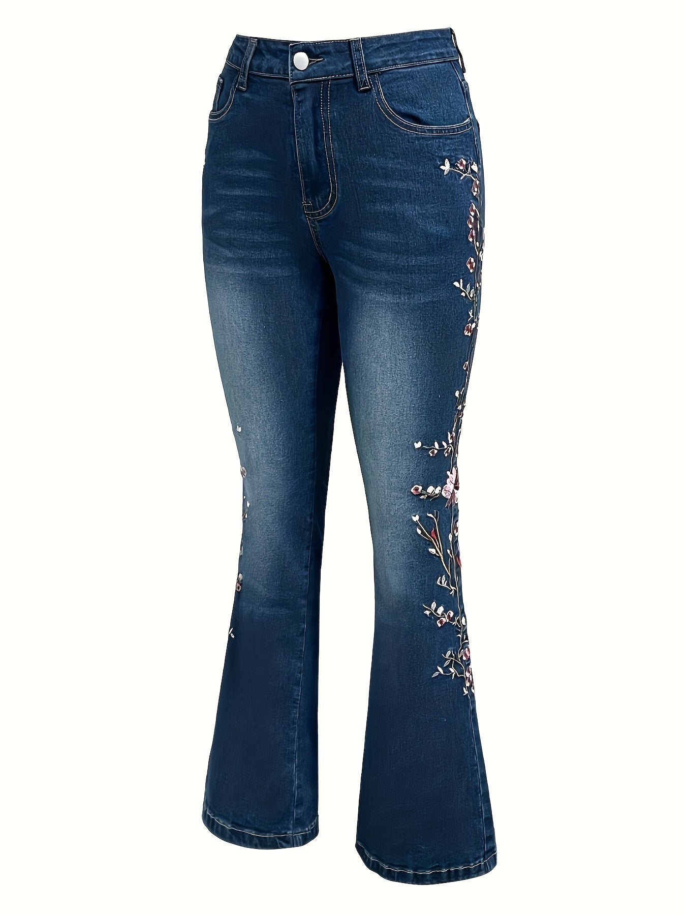Women's Floral Embroidered Flare Jeans, Retro Style, Vintage Blue Denim, Casual Chic Pants With Elegant Embellishments