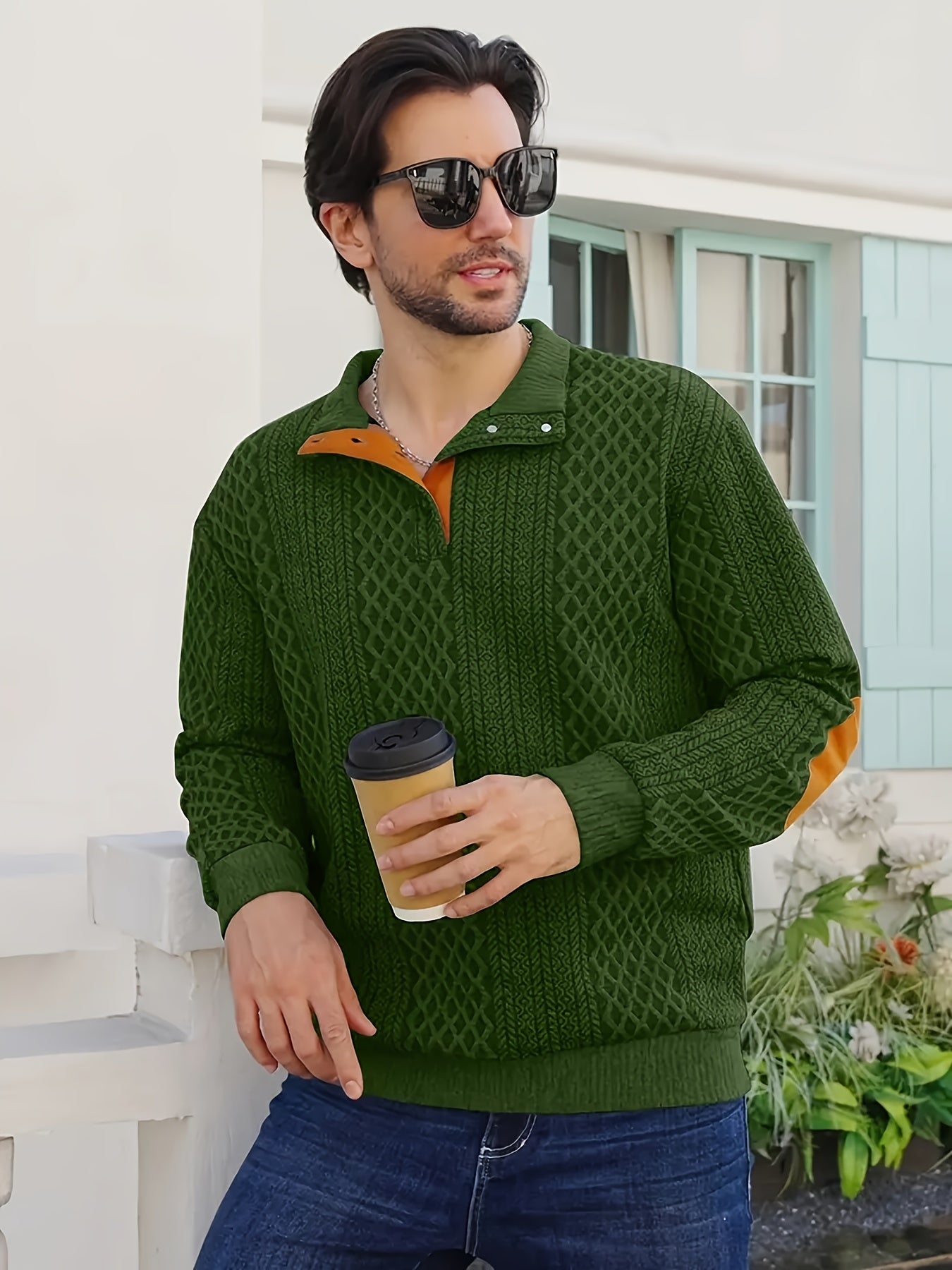 Grey Men's Sporty Hoodie with Diamond Pattern and Orange Accents