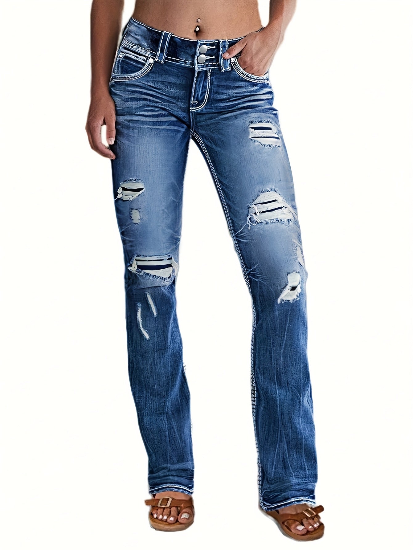 Stylish Ripped Jeans Light Blue Women's Distressed Denim