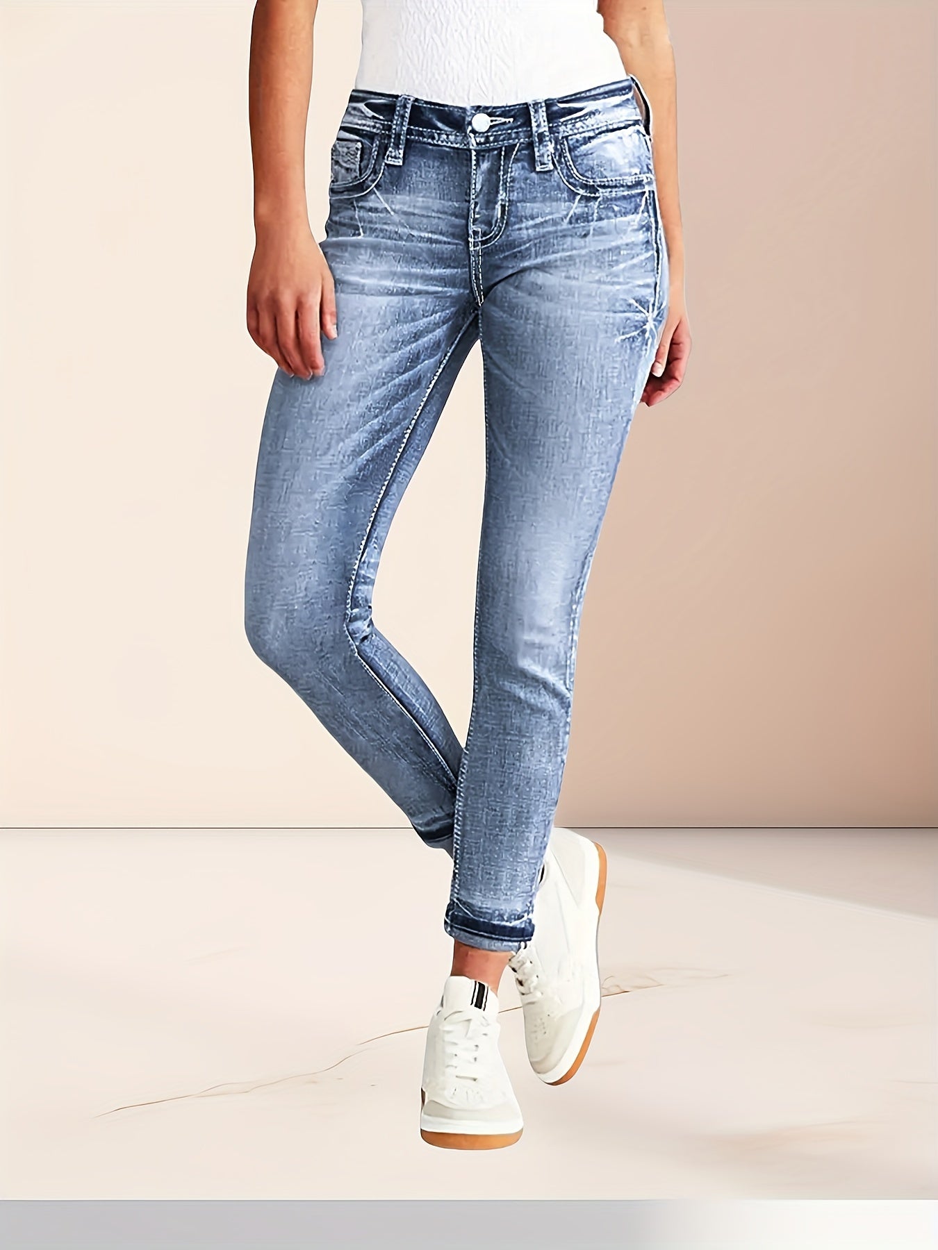 Embroidered washable fashion high-waisted skinny-fit stretchable women's comfortable fabric jeans