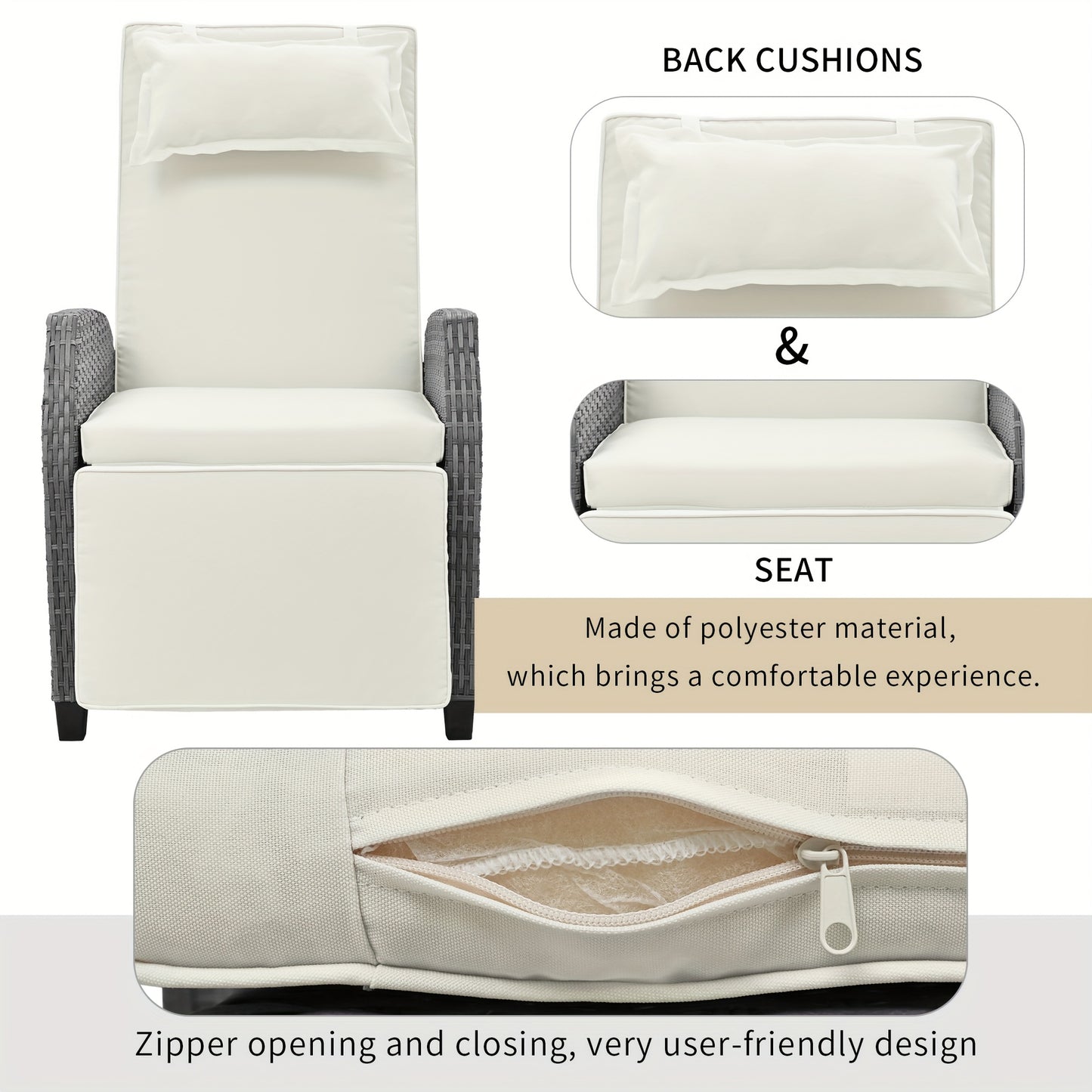 3pcs Outdoor Rattan Two-Person Recliner Chairs Set With Table