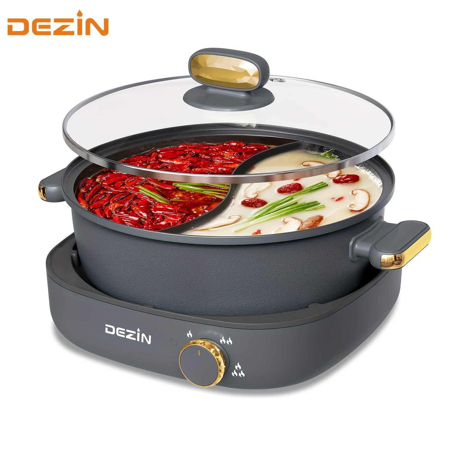 DEZIN Hot Pot Electric with Divider, 4L Electric Shabu Shabu with Dual-Flavor Pot, 3.7" Depth Nonstick Dual Side Electric Pot with Multi-Power Control for Party, Family and Friend Gathering