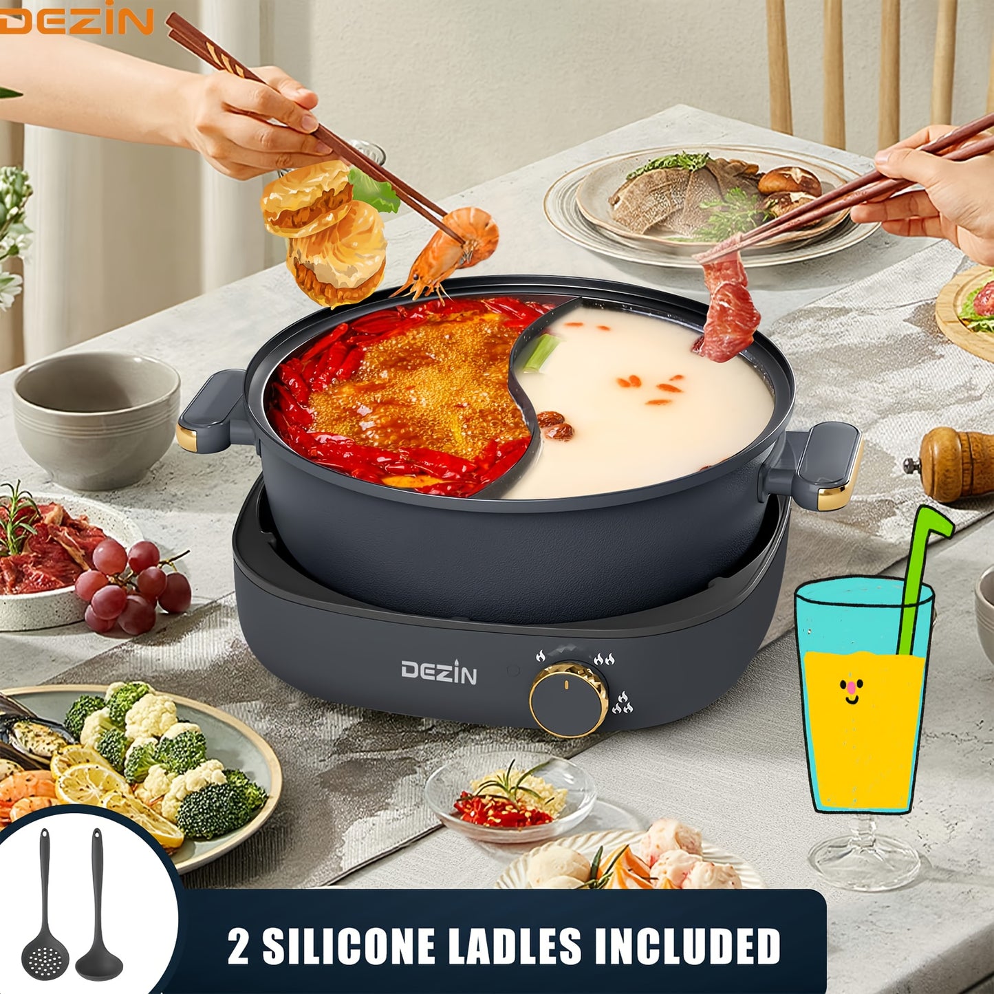 DEZIN Hot Pot Electric with Divider, 4L Electric Shabu Shabu with Dual-Flavor Pot, 3.7" Depth Nonstick Dual Side Electric Pot with Multi-Power Control for Party, Family and Friend Gathering