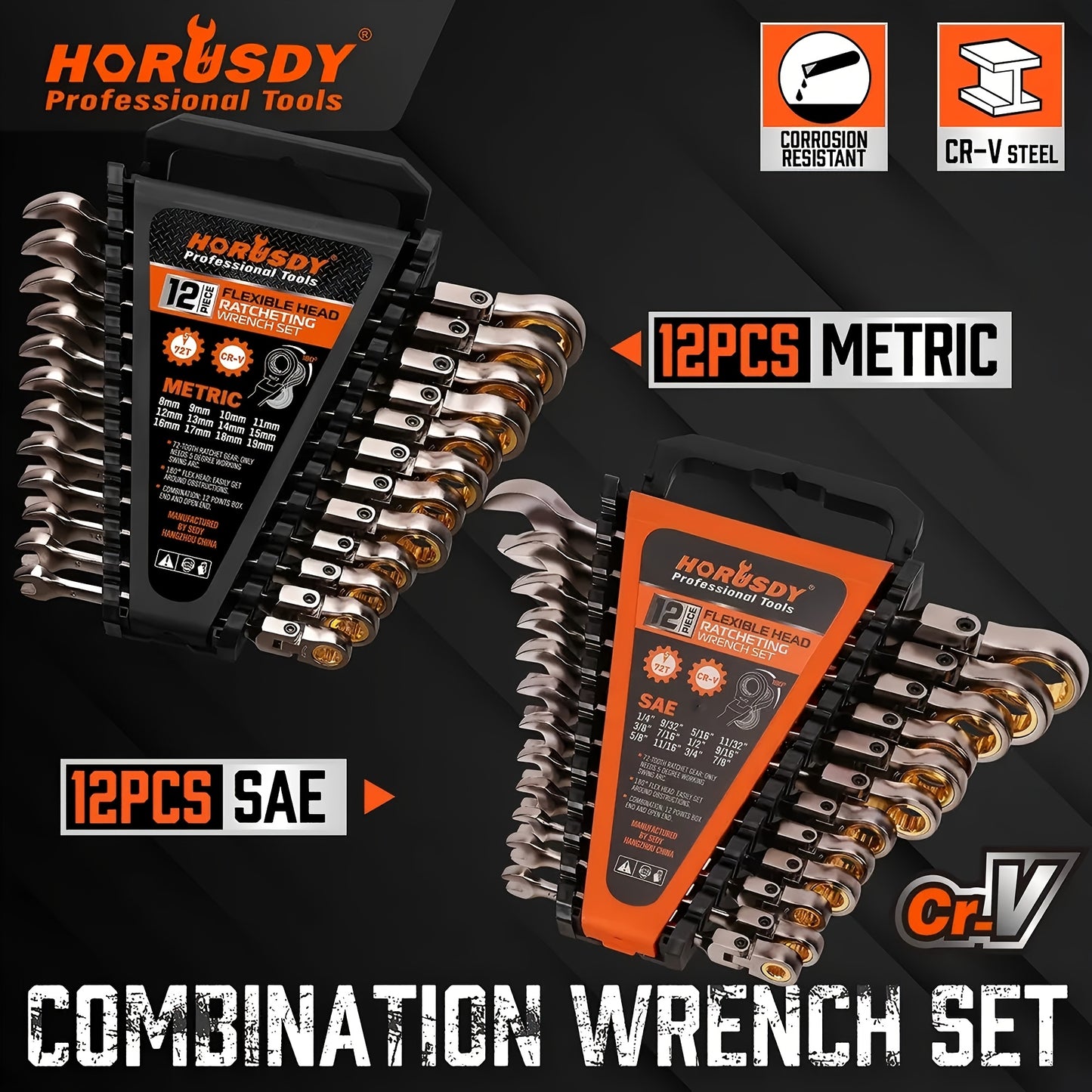 HORUSDY 12 Piece Metric And SAE Flex-Head Wrench Set