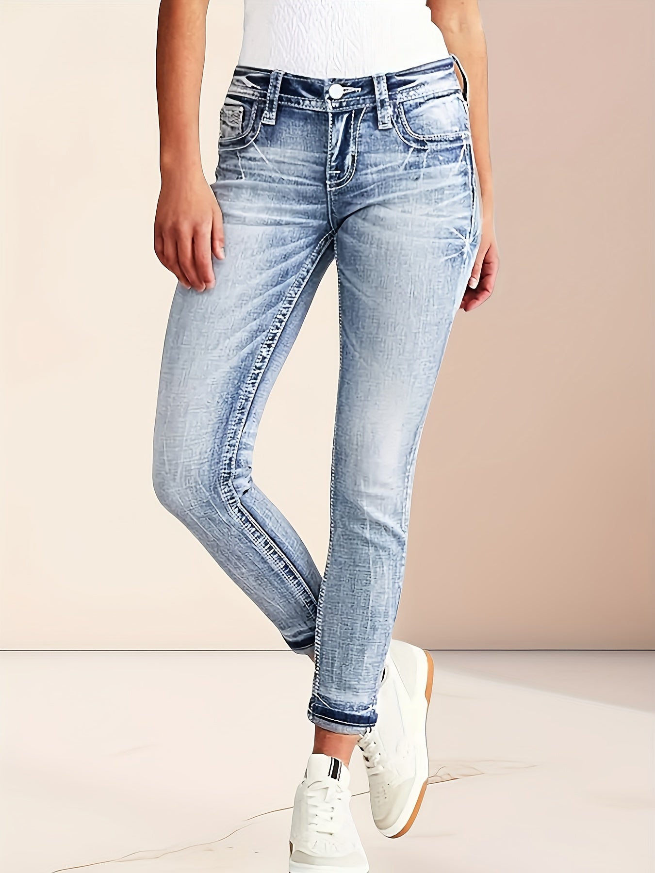 Embroidered washable fashion high-waisted skinny-fit stretchable women's comfortable fabric jeans