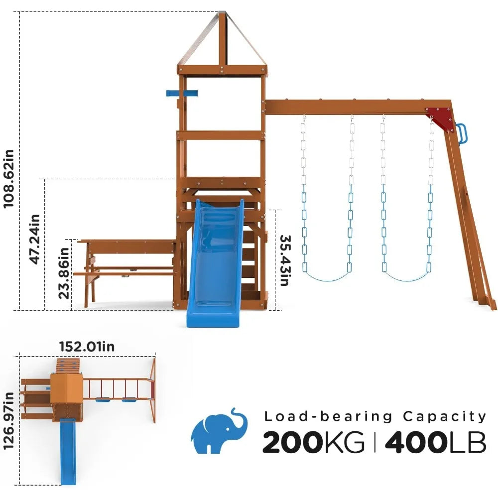 Wooden Swing Sets for Backyard with Monkey Bar and Slide