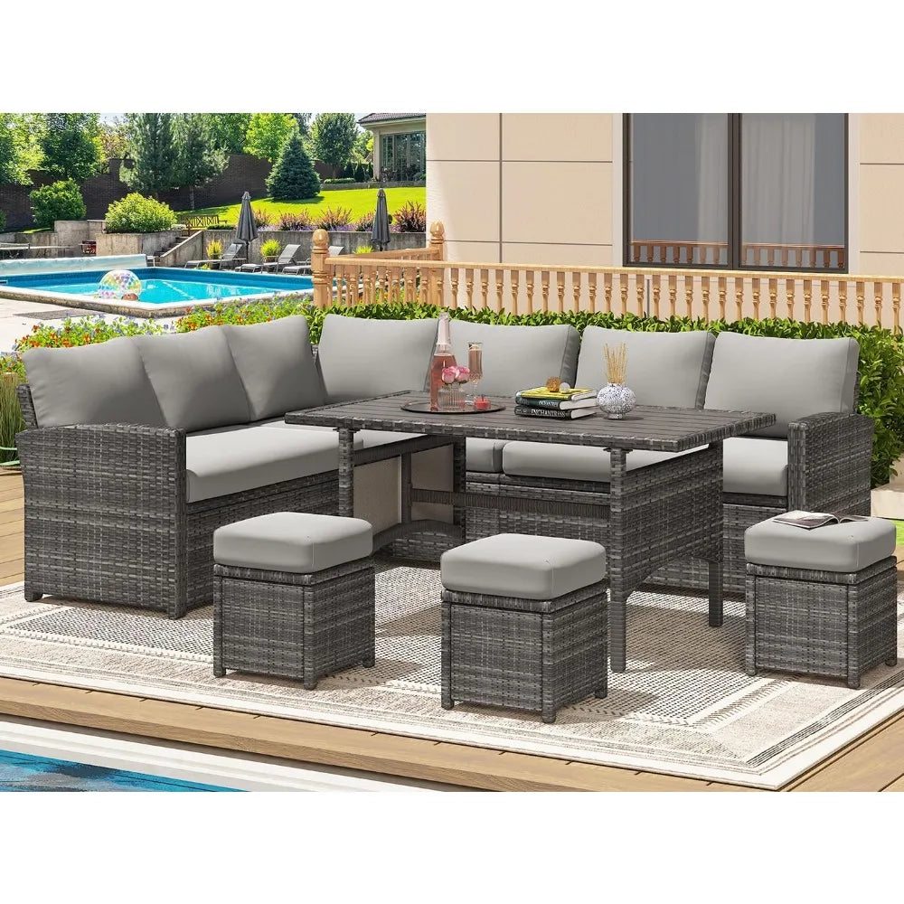 Outdoor Sectional Sofa Conversation Set With Dining Table & Chair