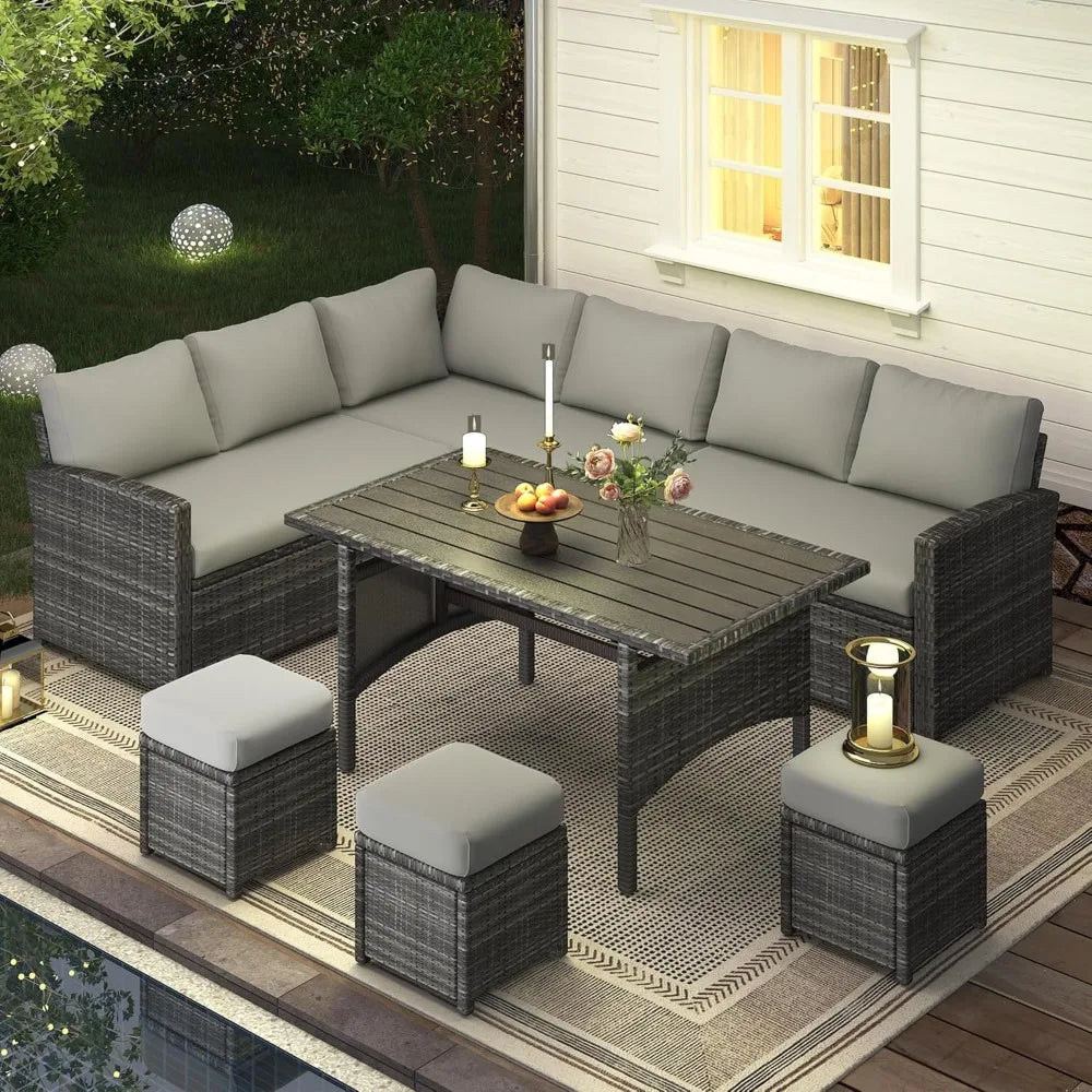Outdoor Sectional Sofa Conversation Set With Dining Table & Chair
