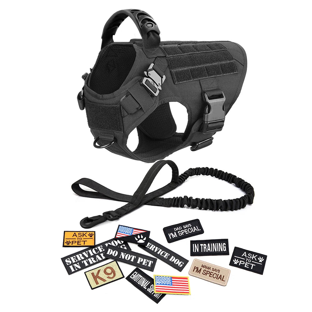 Military Large Dog Harness Collar Leash Bags Patches Set