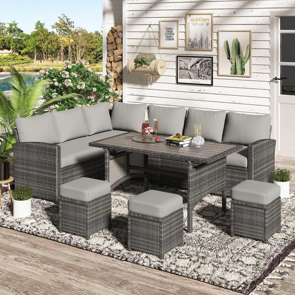 Outdoor Sectional Sofa Conversation Set With Dining Table & Chair