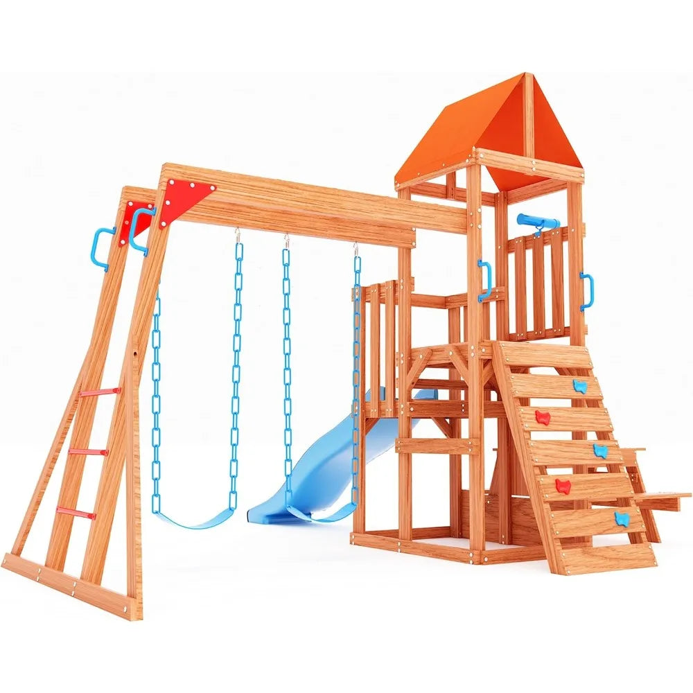 Wooden Swing Sets for Backyard with Monkey Bar and Slide