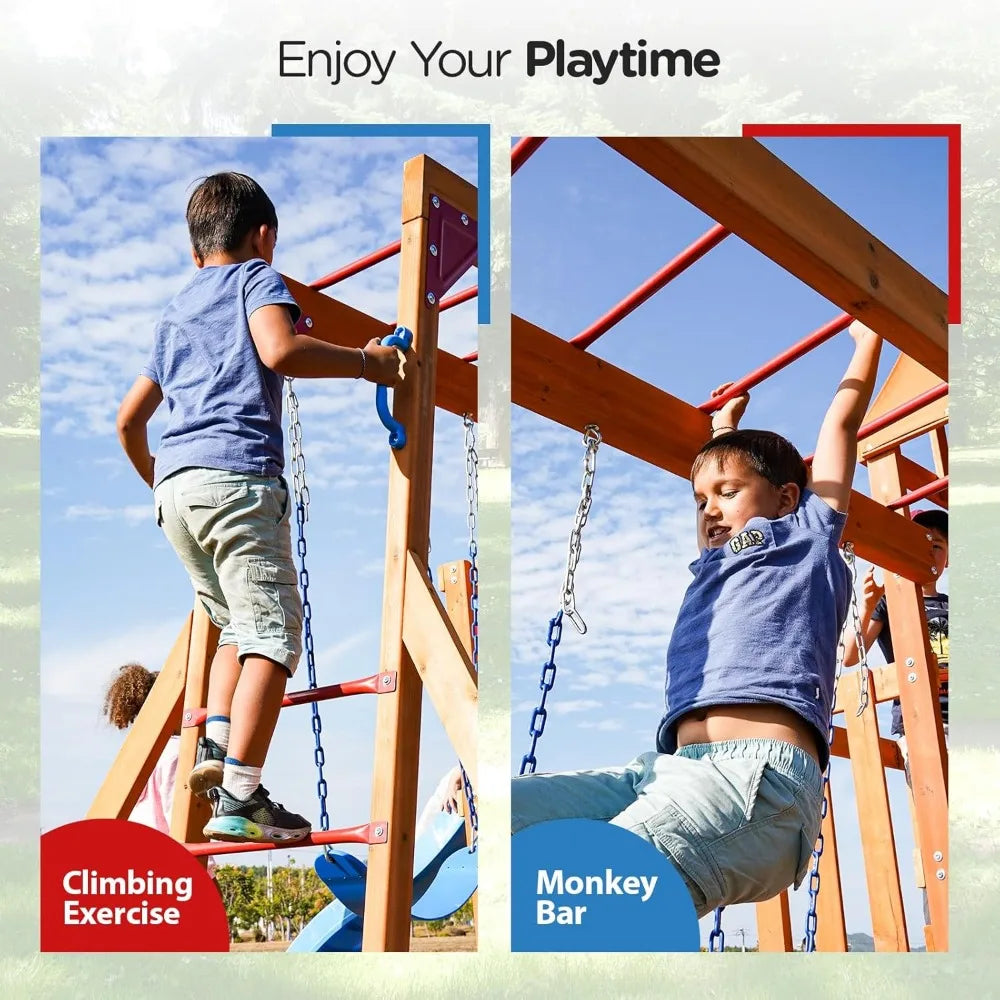 Wooden Swing Sets for Backyard with Monkey Bar and Slide