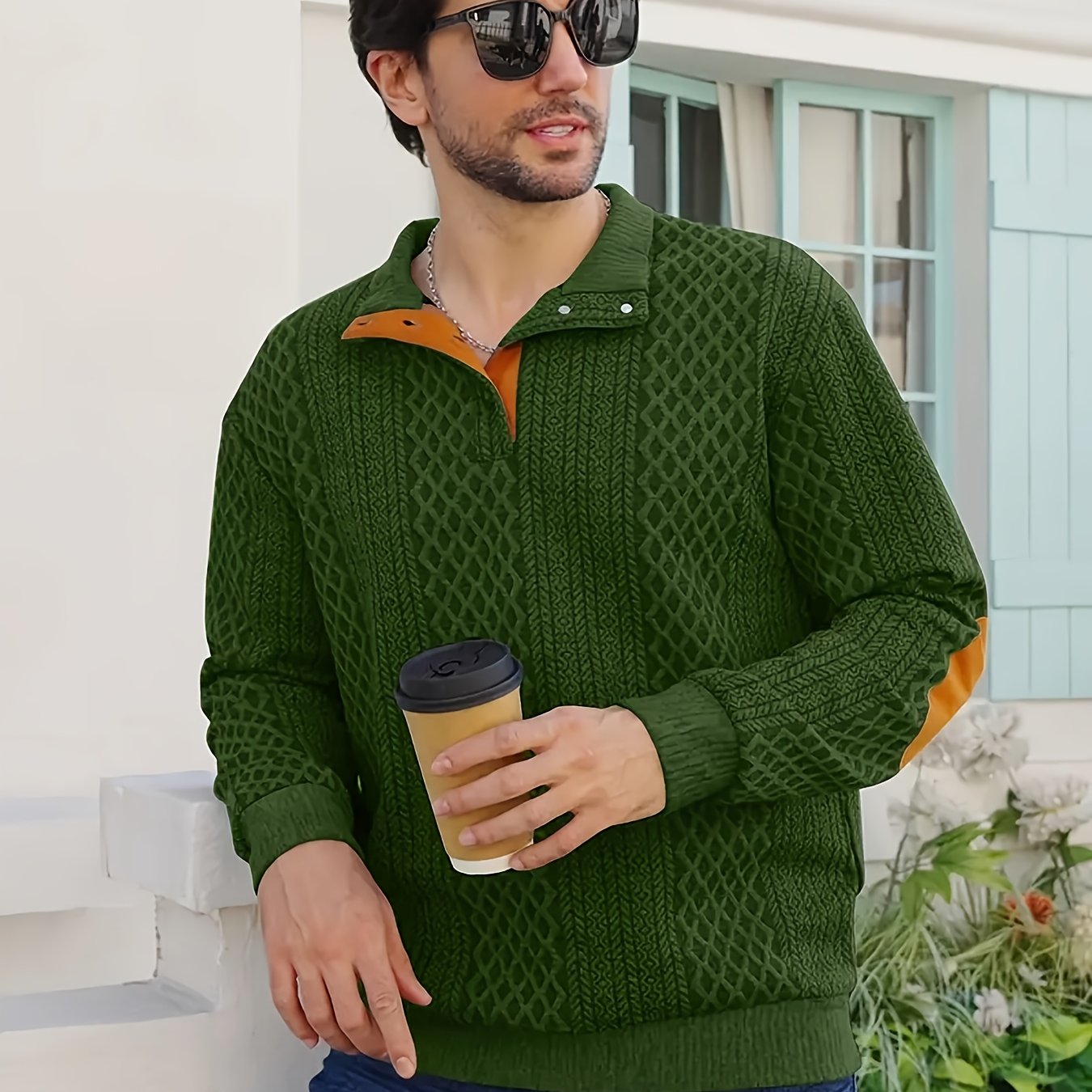 Grey Men's Sporty Hoodie with Diamond Pattern and Orange Accents