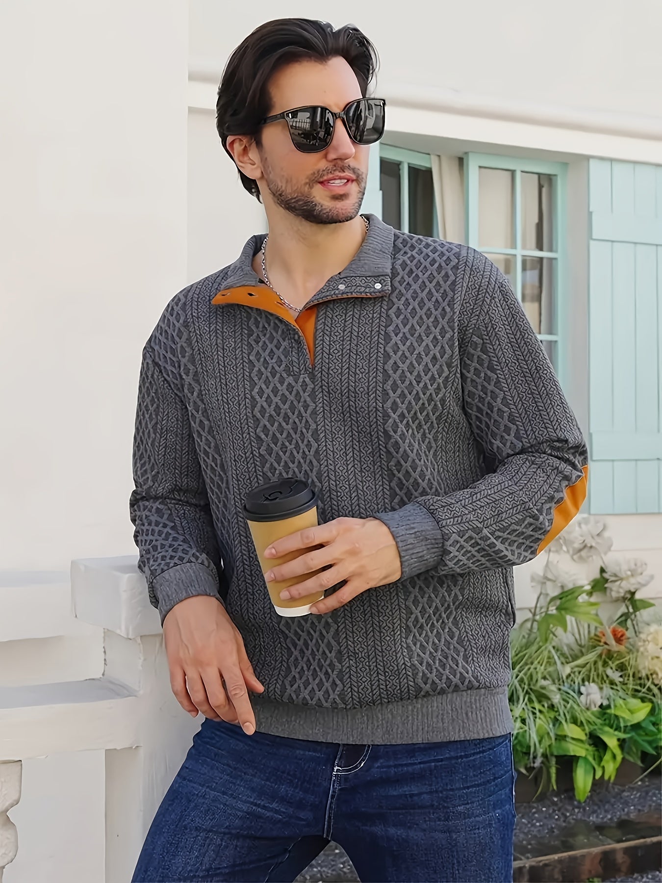 Grey Men's Sporty Hoodie with Diamond Pattern and Orange Accents