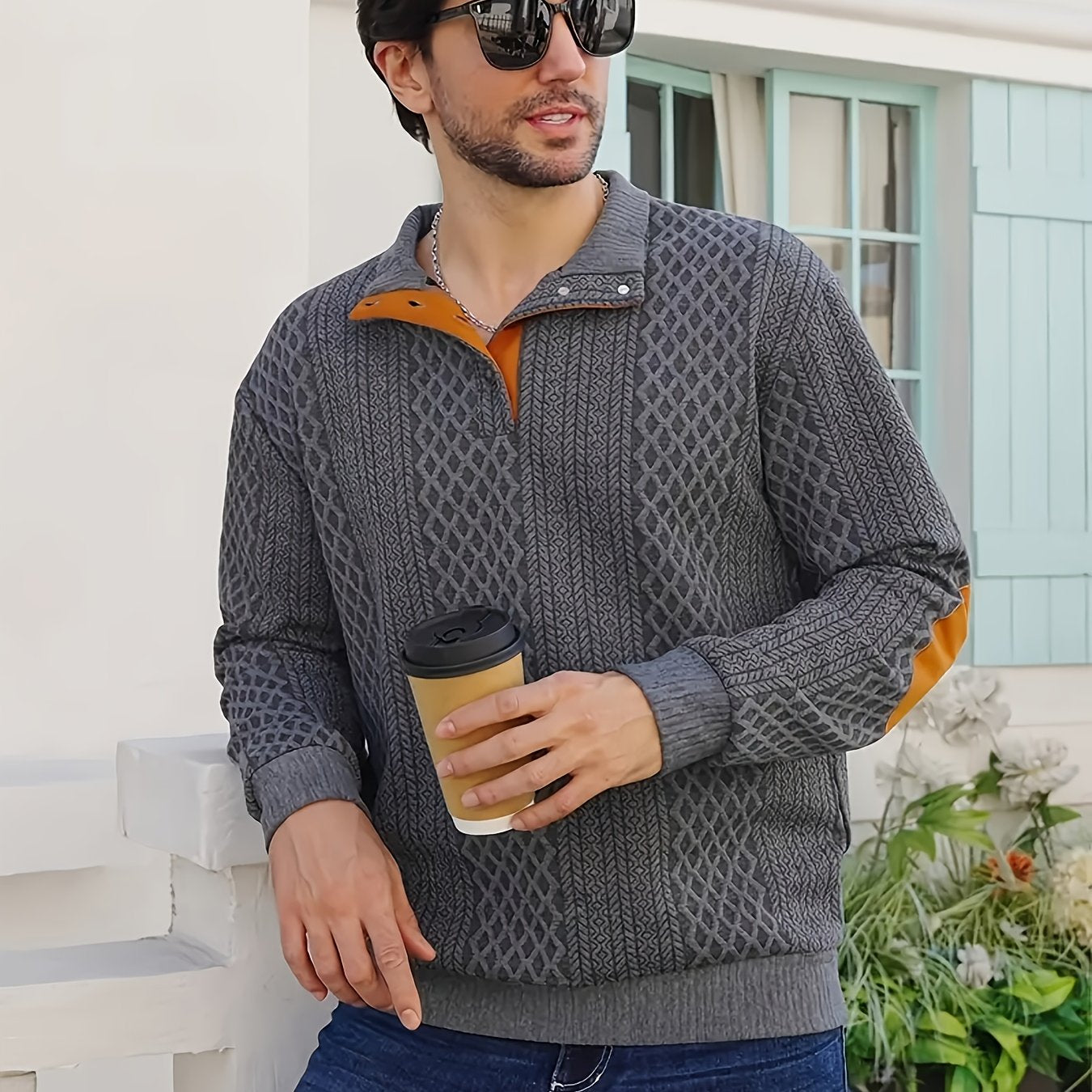 Grey Men's Sporty Hoodie with Diamond Pattern and Orange Accents