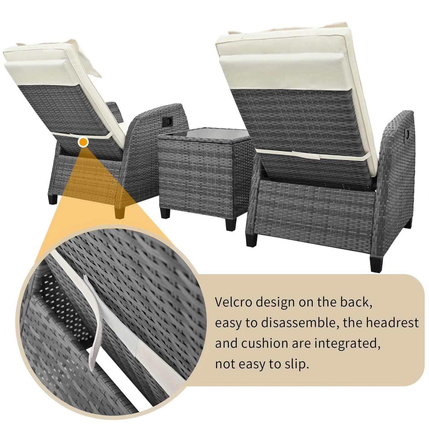 3pcs Outdoor Rattan Two-Person Recliner Chairs Set With Table