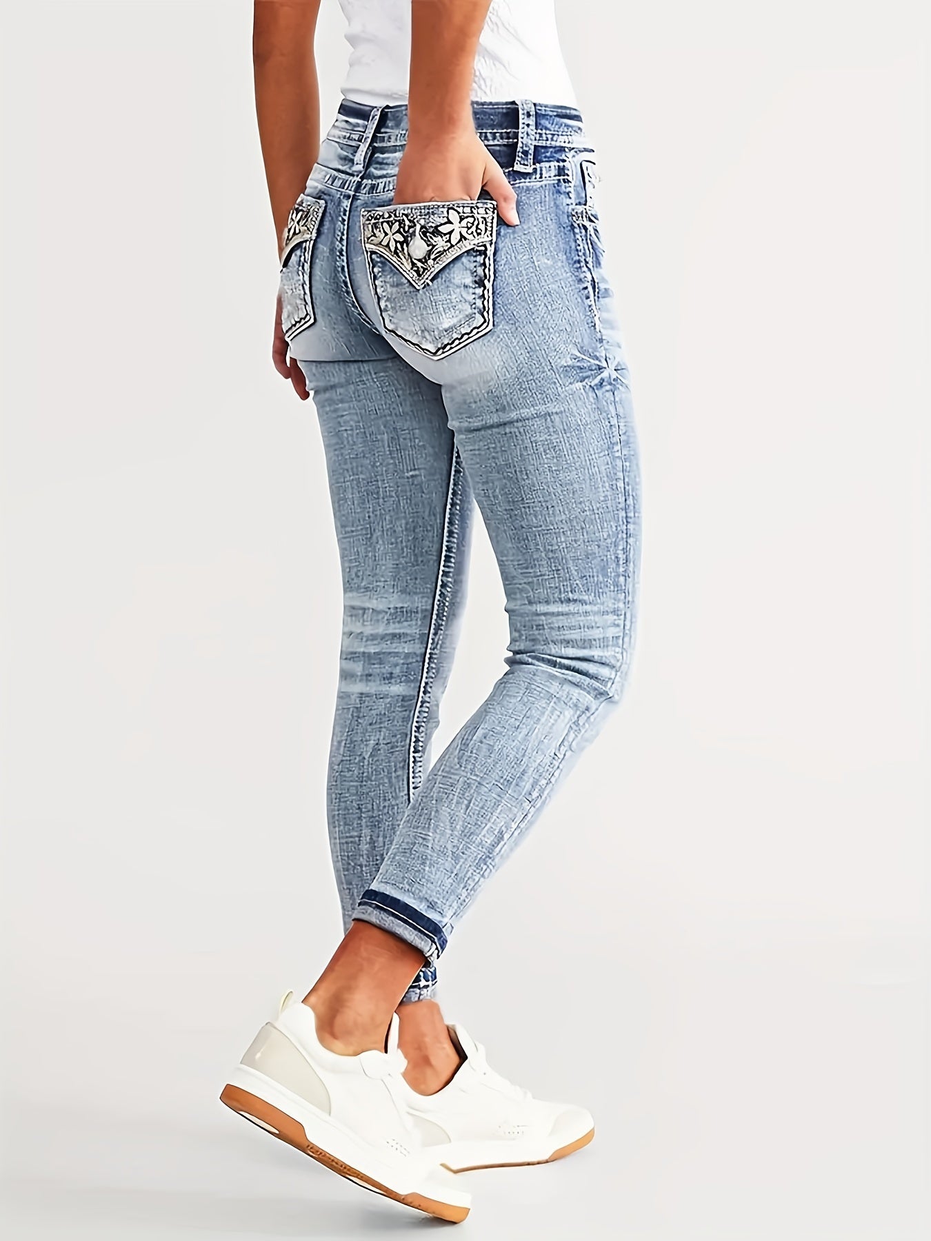 Embroidered washable fashion high-waisted skinny-fit stretchable women's comfortable fabric jeans