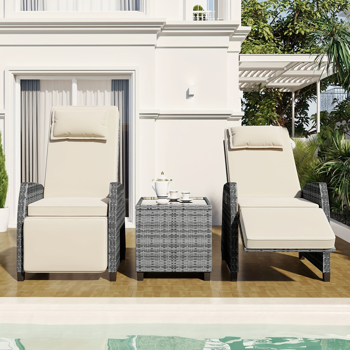 3pcs Outdoor Rattan Two-Person Recliner Chairs Set With Table