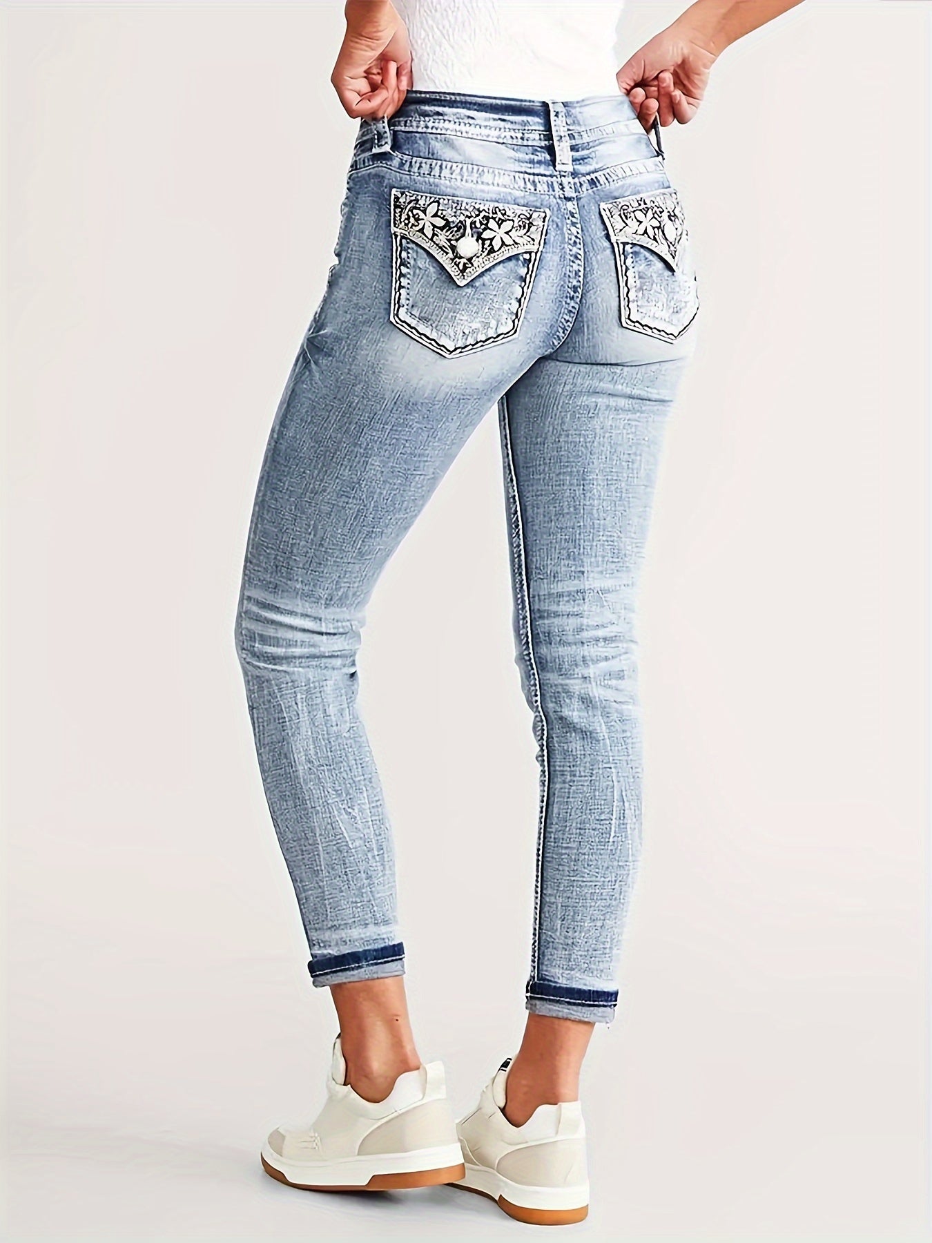 Embroidered washable fashion high-waisted skinny-fit stretchable women's comfortable fabric jeans