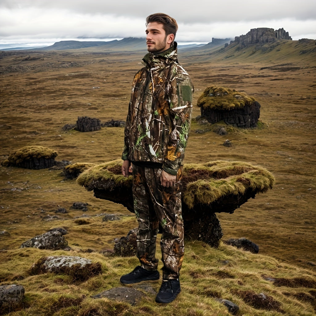 Men's Camo Hunting Suit - Windproof Fleece-Lined Jacket and Pants