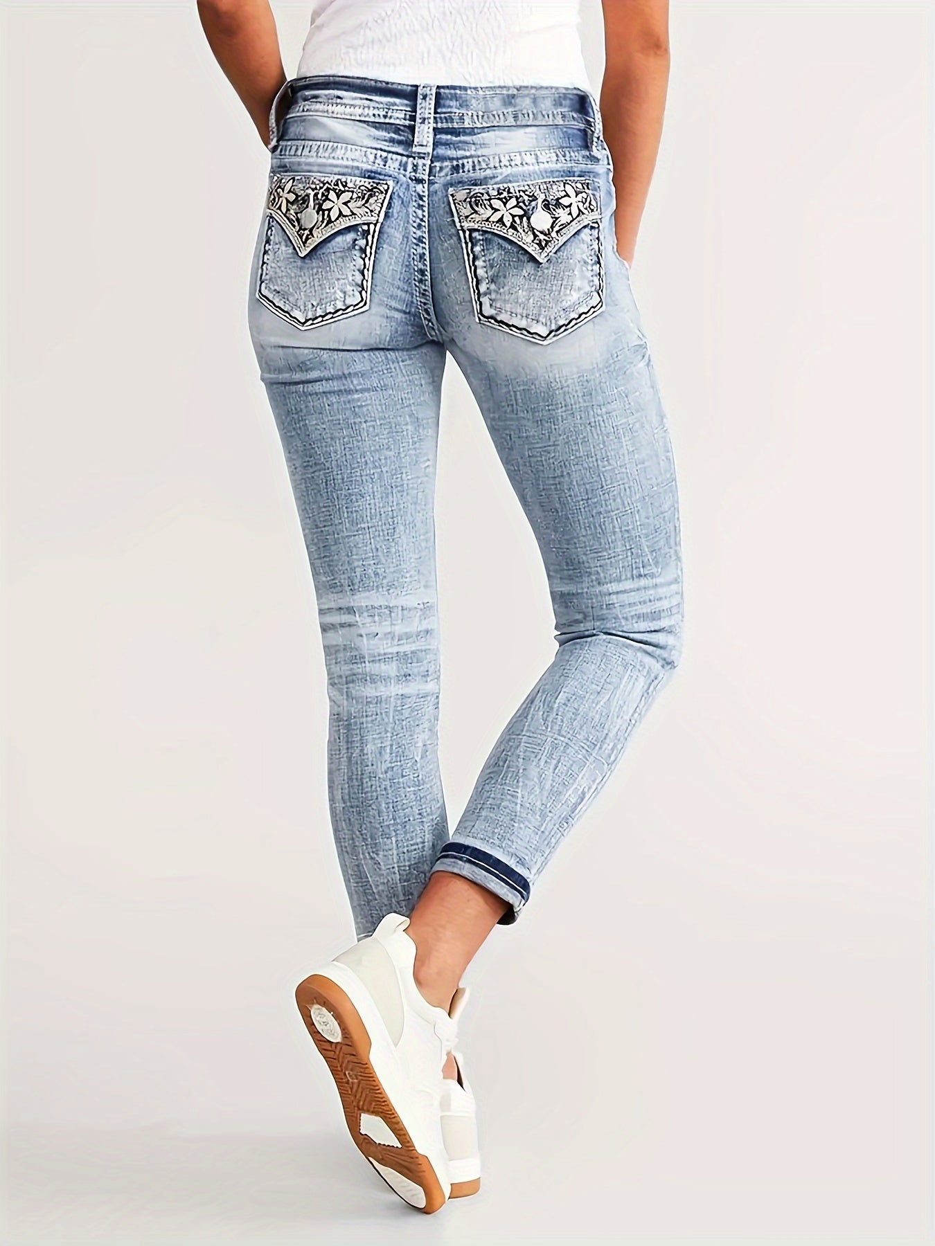 Embroidered washable fashion high-waisted skinny-fit stretchable women's comfortable fabric jeans