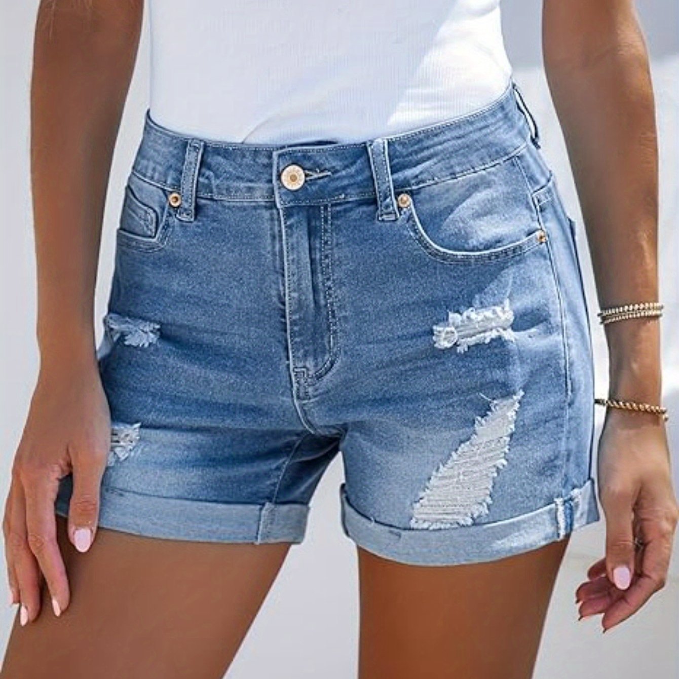 Women's Casual High-Waisted Denim Shorts, Rolled Hem Ripped Jeans, Distressed Summer Fashion, Breathable Blue Jean Shorts