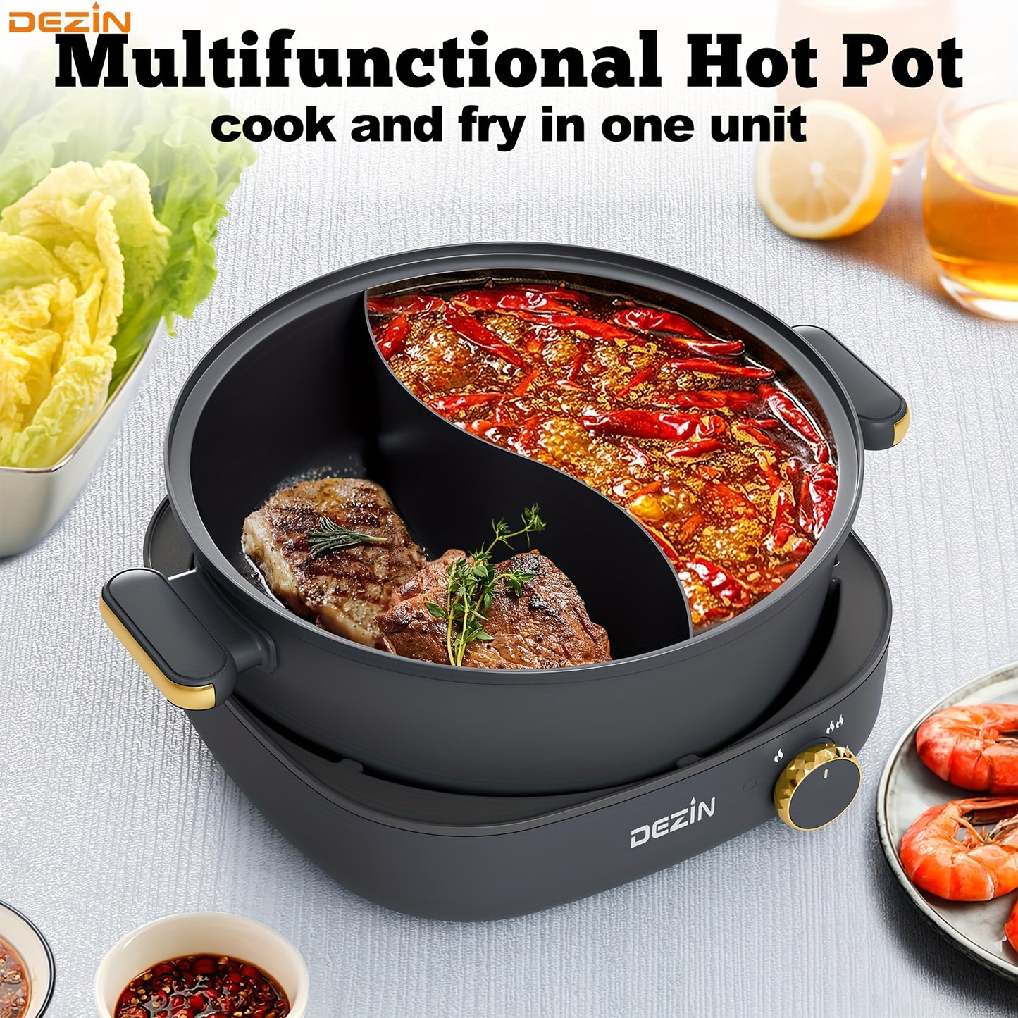 DEZIN Hot Pot Electric with Divider, 4L Electric Shabu Shabu with Dual-Flavor Pot, 3.7" Depth Nonstick Dual Side Electric Pot with Multi-Power Control for Party, Family and Friend Gathering