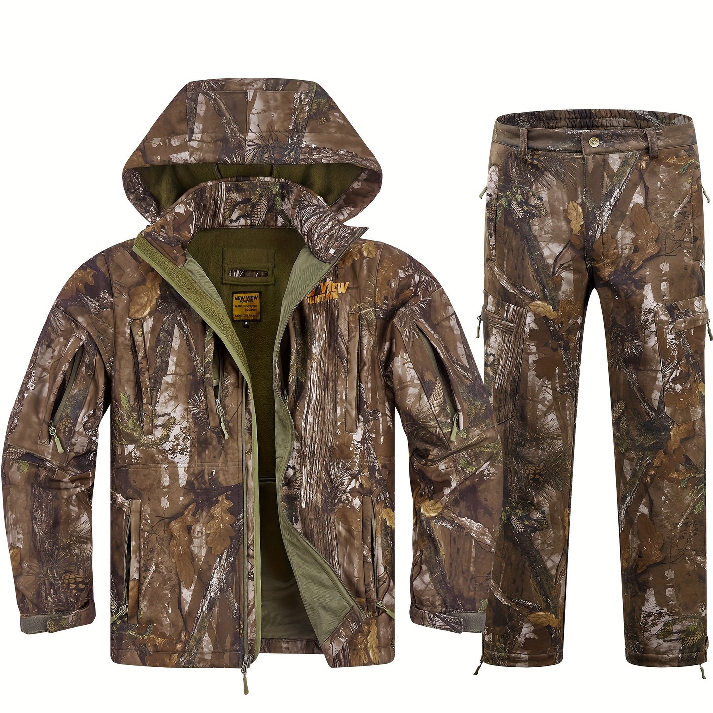 NEW VIEW Men's Silent Camo Hunting Gear Set - Fleece-Lined Jacket & Pants for Enhanced Concealment