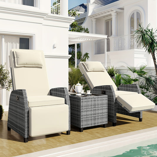 3pcs Outdoor Rattan Two-Person Recliner Chairs Set With Table