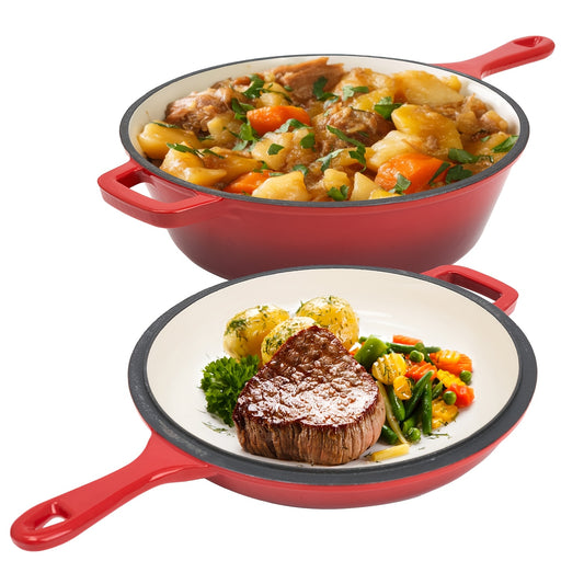 2-in-1 Dutch Oven Pot Set Enameled Cast Iron Skillets