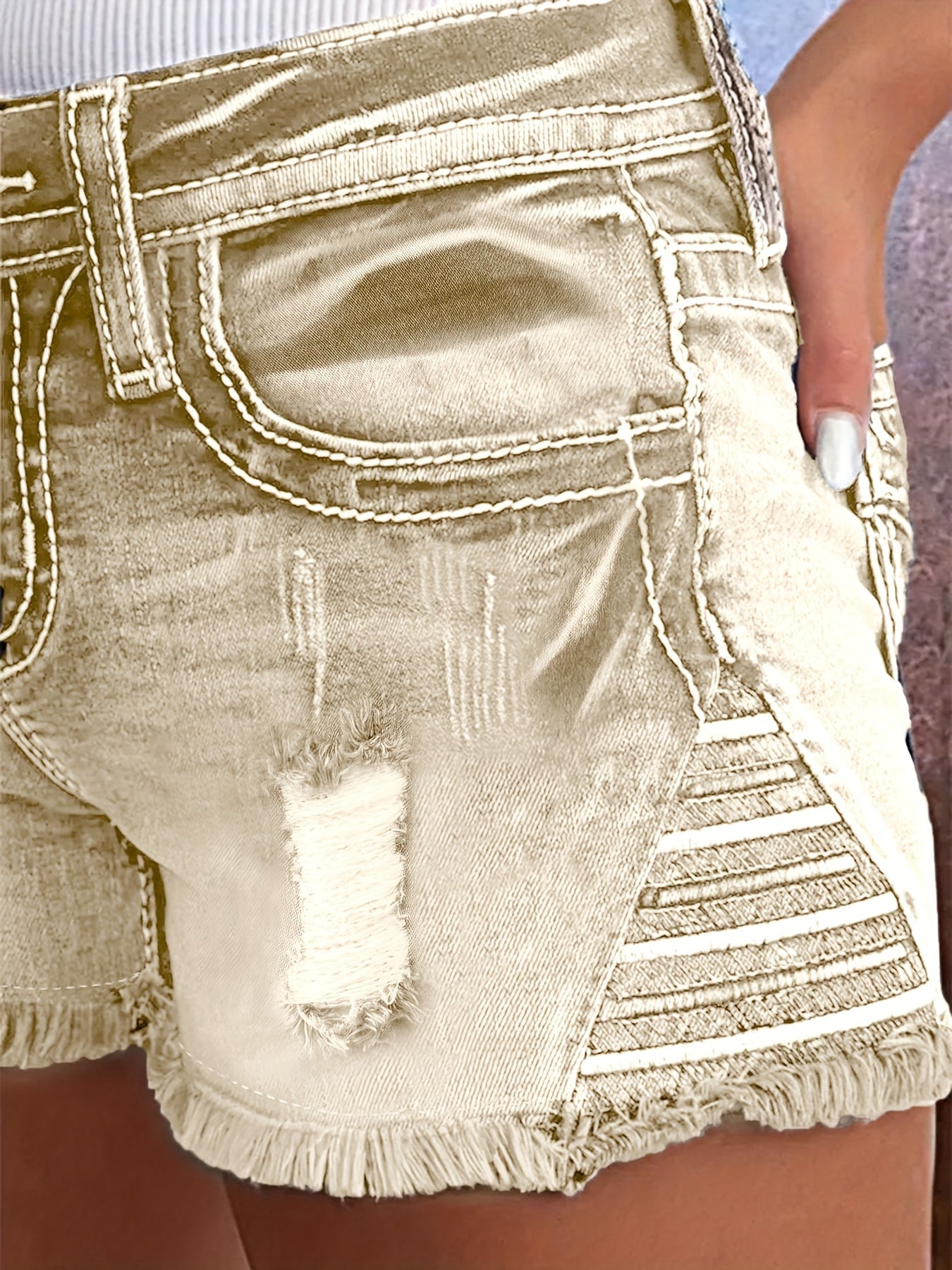 [Distressed Denim] Women's Casual Mid-Rise Stretch Denim Shorts | Denim | Ripped Raw Hem, Frayed Detail, Slash Pockets, Zipper & Button Closure | Summer