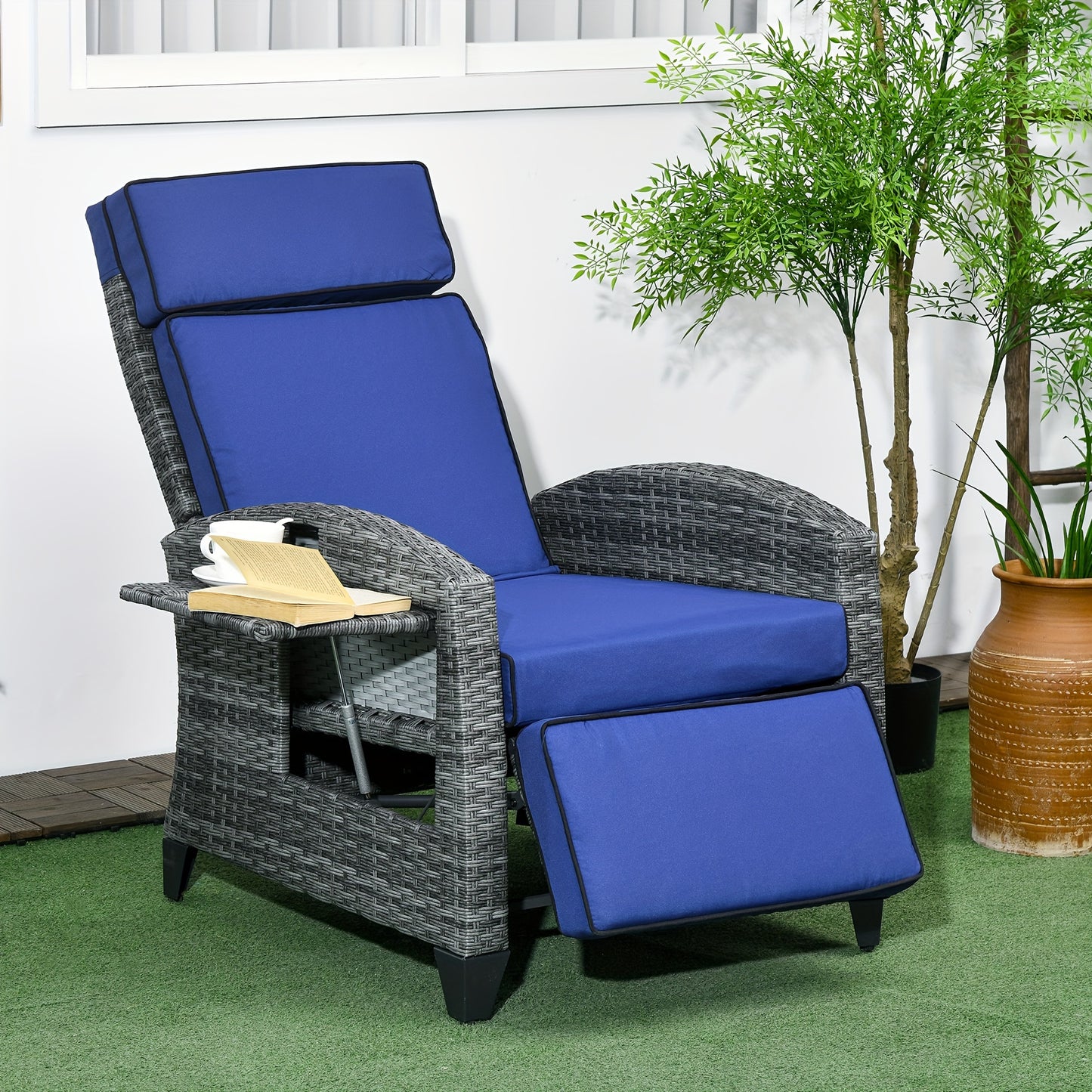 Outdoor Recliner Chair With Cushions And Side Tray Table