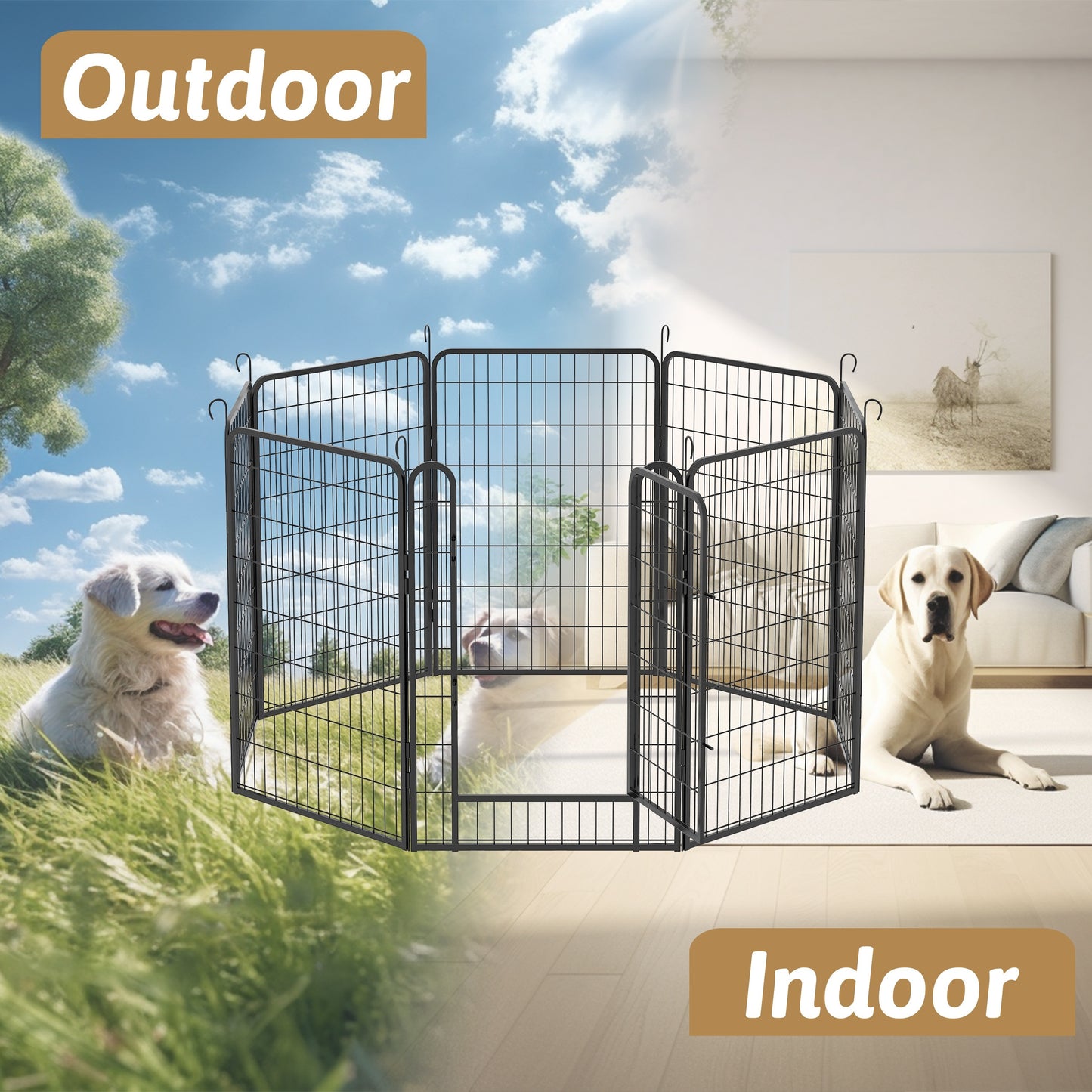 8 Panels Heavy Duty Metal Playpen With Door Durable Iron Dog Fence