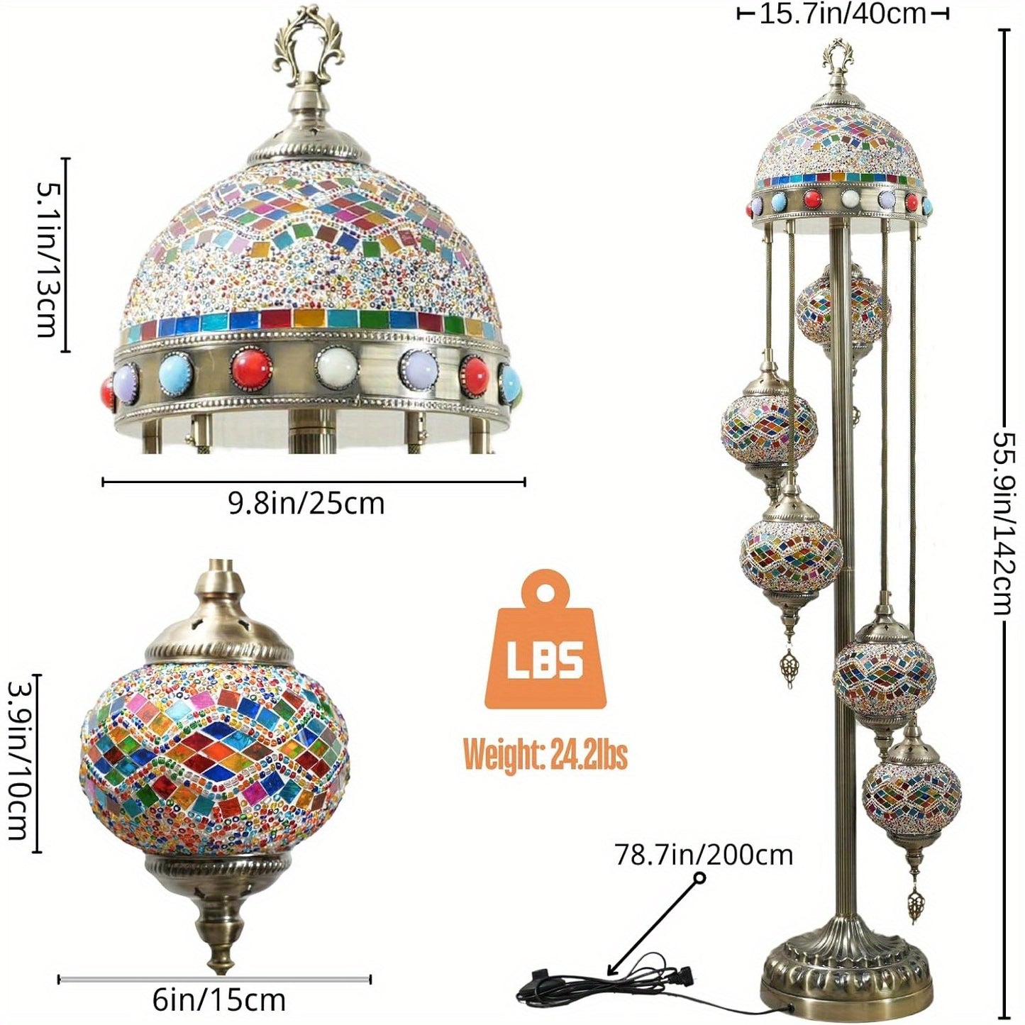 Luxury Turkish Mosaic Floor Lamp - 56 inches tall, with 5 colorful balls and upgraded top cover, metal base, LED lighting, first choice for home decoration
