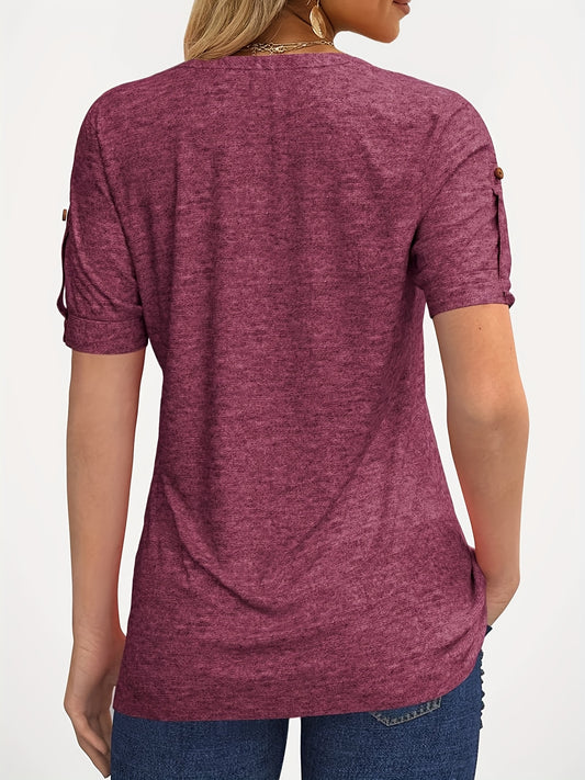 Women'S Zipper Summer Pleated Button Short Sleeve T-Shirt