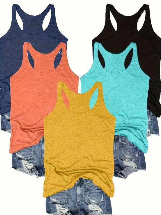 5pcs Women's Sleeveless Tank Tops - Stretchy Round Neck Casual Summer Tops, 5 Solid Colors (Navy/Orange/Black/Teal/Yellow) - Breathable Machine-Washable Spring & Summer Clothing, Everyday Tank Tops | Sleeveless Fashion | Stre