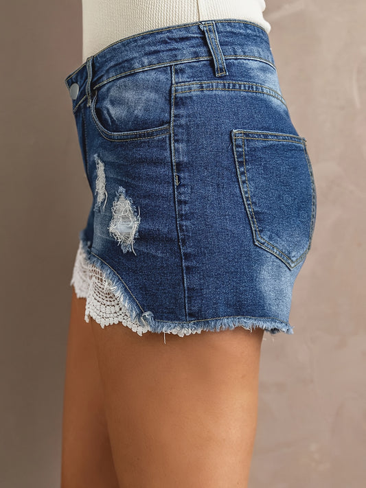 Women's Distressed Denim-Style Lace Trim Casual Shorts - Vintage Washed Blue Denim with Frayed Hem, Machine Washable Spring/Summer Shorts for Women, Jean Shorts