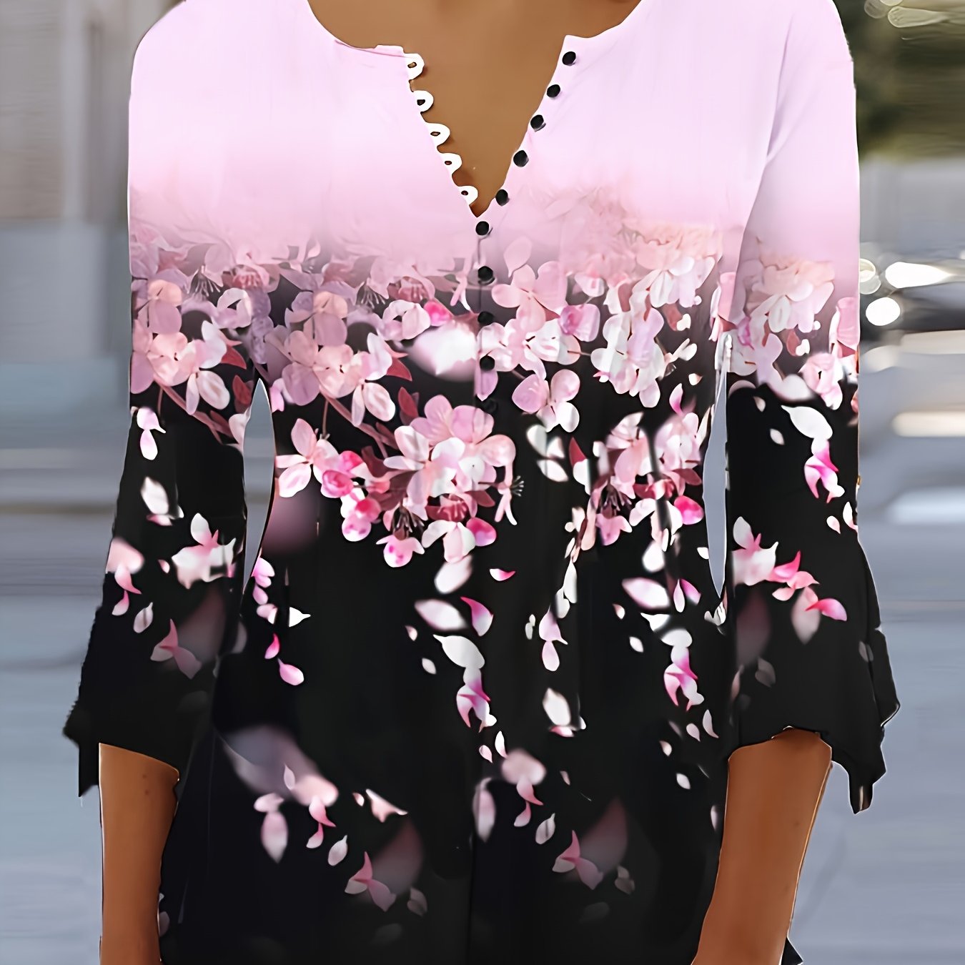[Floral Print T-Shirt] Soft Polyester Women's Stylish Floral Print Button-Up T-Shirt - Casual Three-Quarter Sleeve Top with Scalloped Neckline, Perfect for Spring, Summer & Fall
