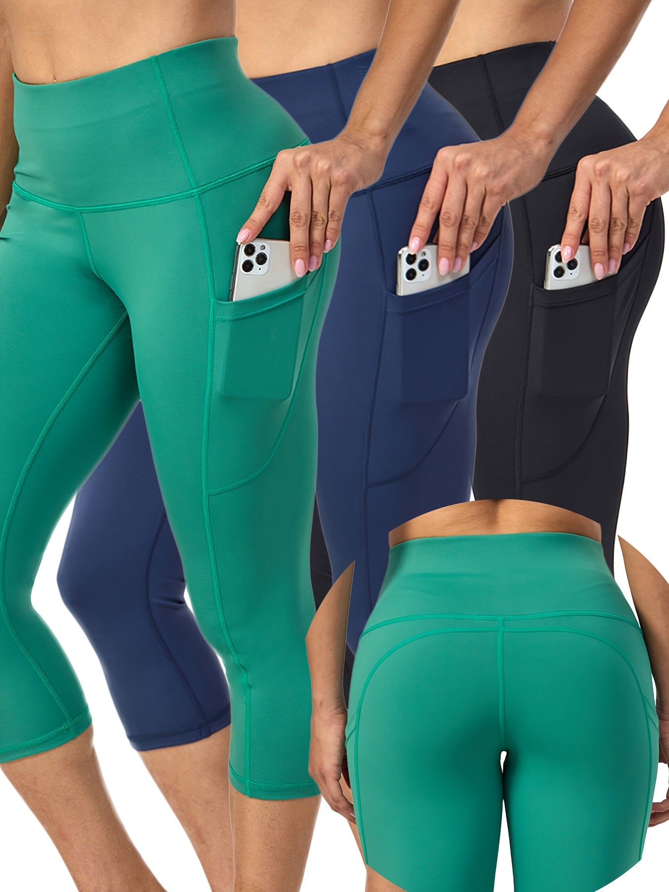 3pcs Women's High Waist Yoga Pants With Pockets Capri Leggings