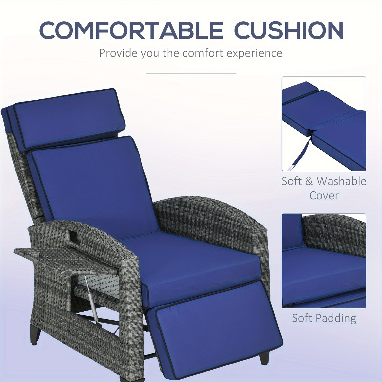 Outdoor Recliner Chair With Cushions And Side Tray Table