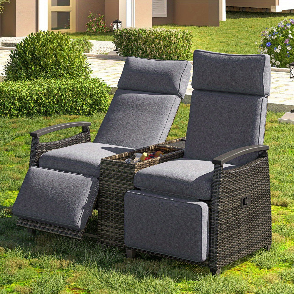 Patio Recliner Loveseat Chair with Storage Table Gray