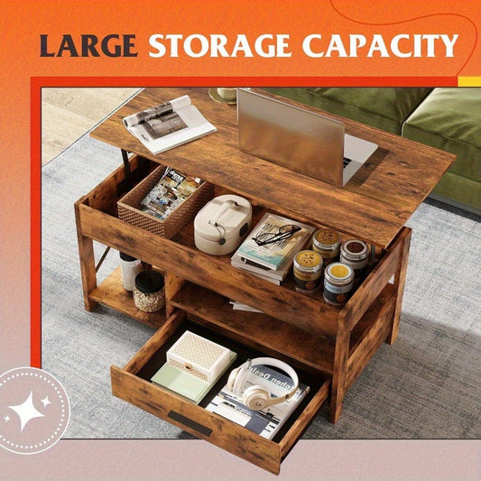 Vintage-Style Coffee Table Durable Wood Lift Top with Storage