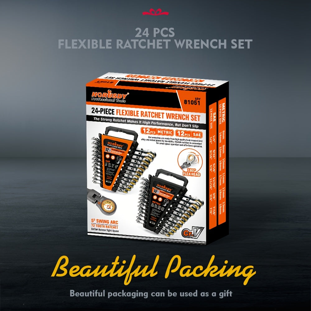 HORUSDY 24pcs Flex-Head Ratcheting Wrench Set Metric SAE