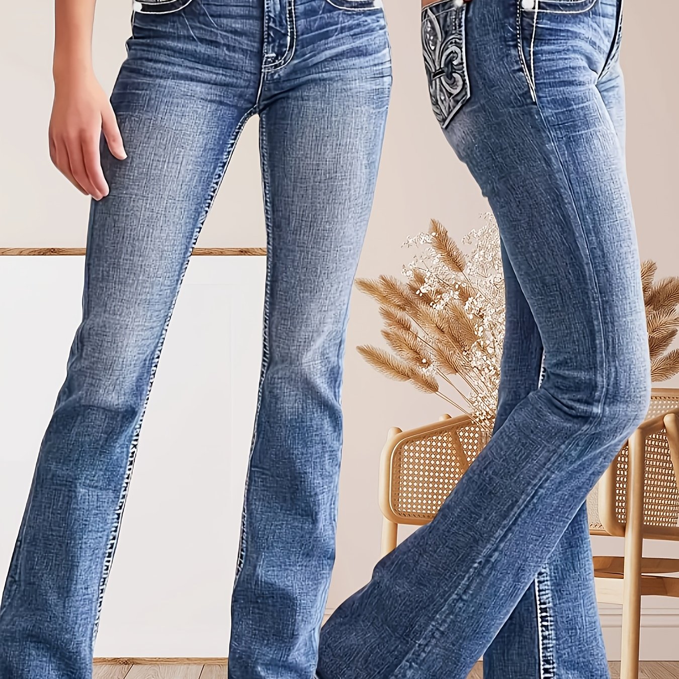 Women's Slim-Fit Mid-Rise Flared Denim Trousers Blue